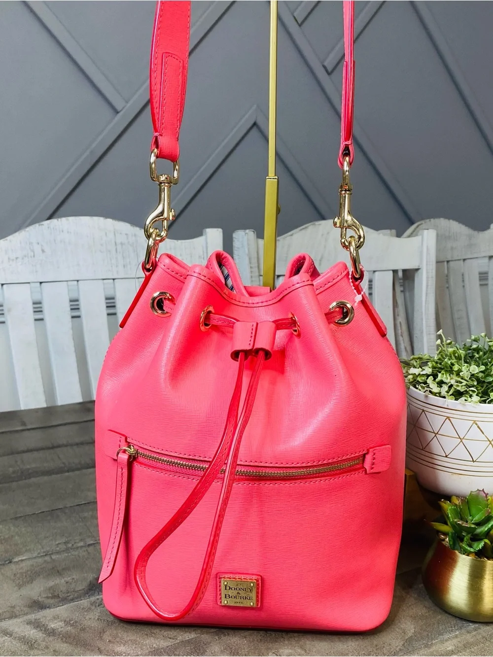 Dooney & Bourke Saffiano Leather Drawstring Bucket Bag Hot Pink Neon